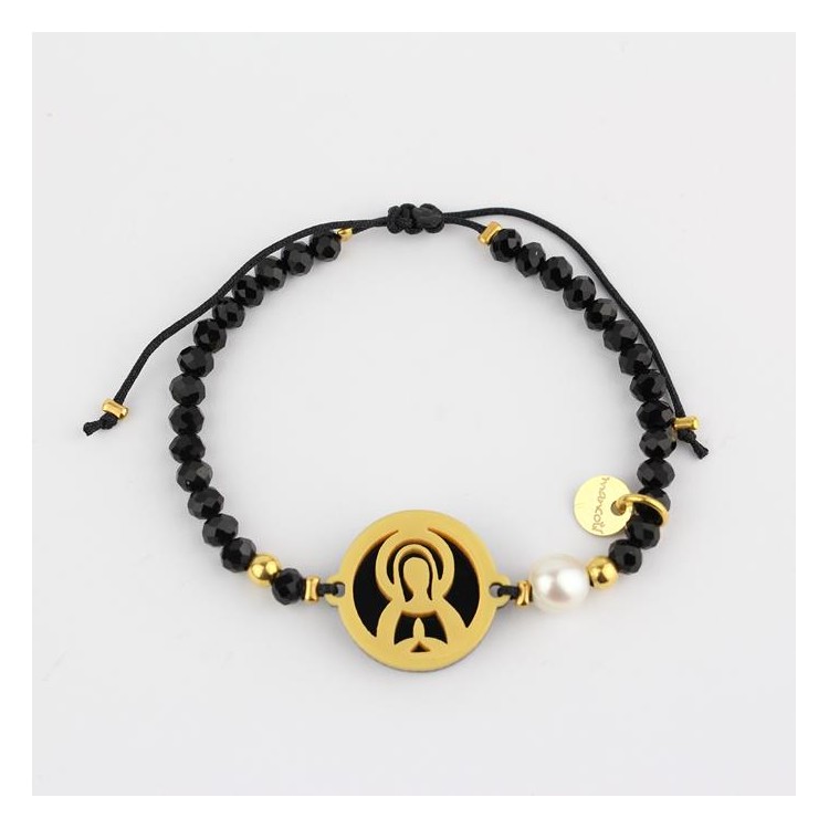 Virgen María. Pulsera Medalla. Negro