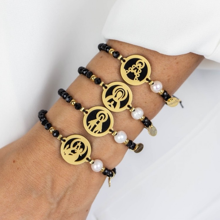 Virgen de Guadalupe española. Pulsera Medalla. Negro